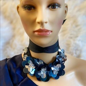 Blue and silver Paillette sequin bib necklace